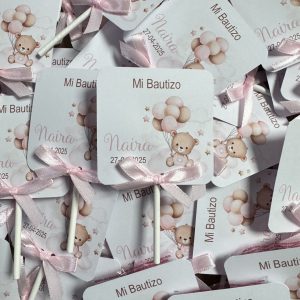 Piruleta de agradecimiento oso rosa con globos