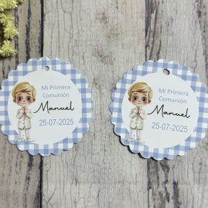 Tarjeta detalles cuadros vichy azul y niño rubio