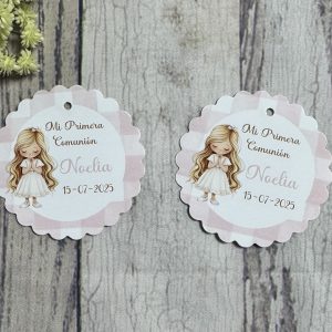 Tarjeta detalles cuadros vichy rosa y niña rubia