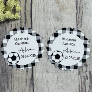 Tarjeta detalles cuadros vichy negros y pelota de fútbol