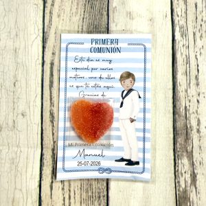 Tarjeta de agradecimiento con gominola azul niño marinero