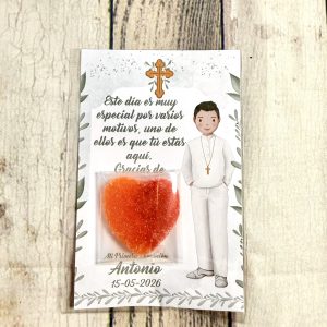 Tarjeta de agradecimiento con gominola niño hojas olivo y cruz