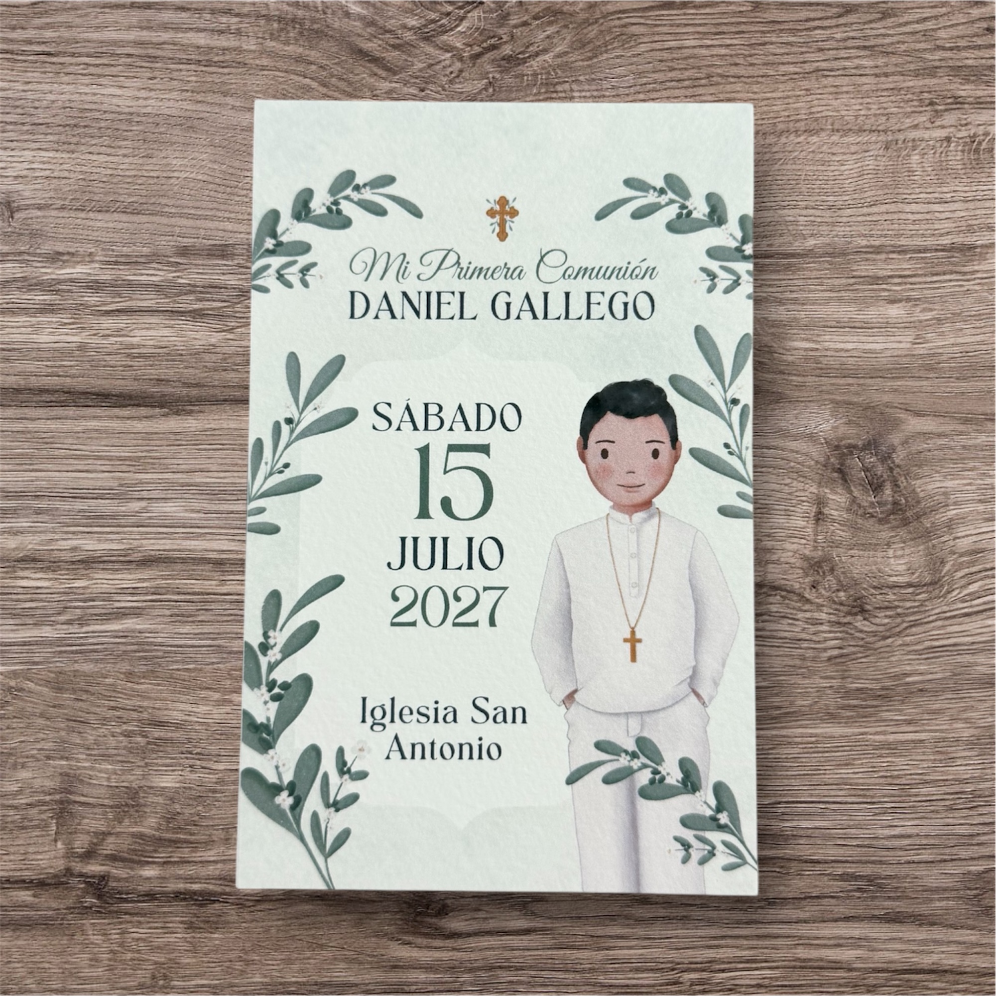Estampa comunión niño hojas olivo y cruz